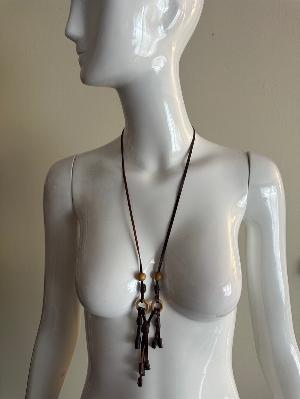 Handcrafted Brown Leather Tassel Necklace with Wooden Beads